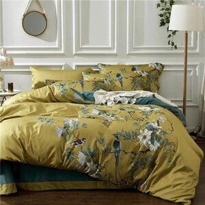 NEW Anthro Yellow Boho King Queen Full Bird Bedding Duvet Floral Sham Case Set
